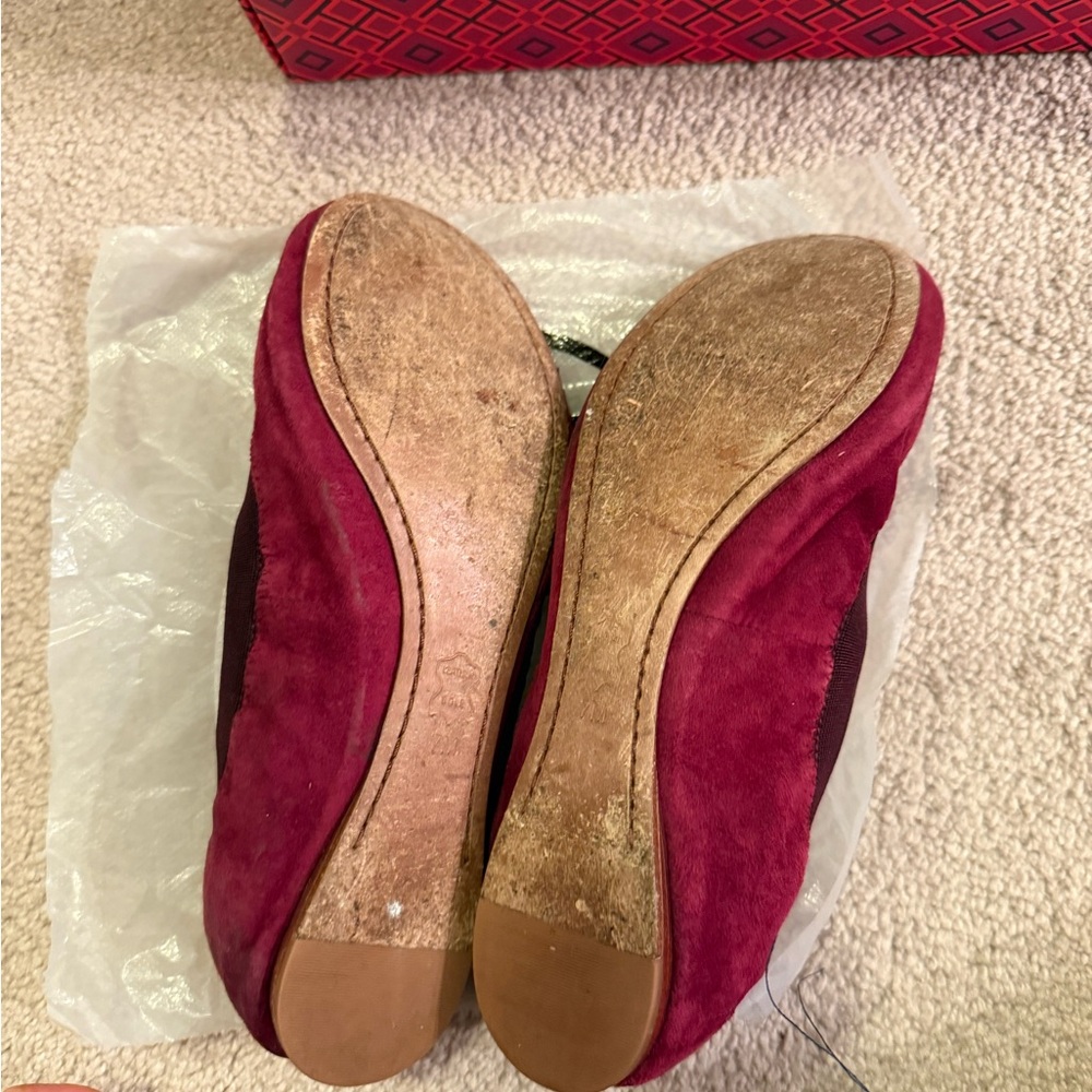 Tory Burch Red Suede Flats with Logo - Picture 8 of 12